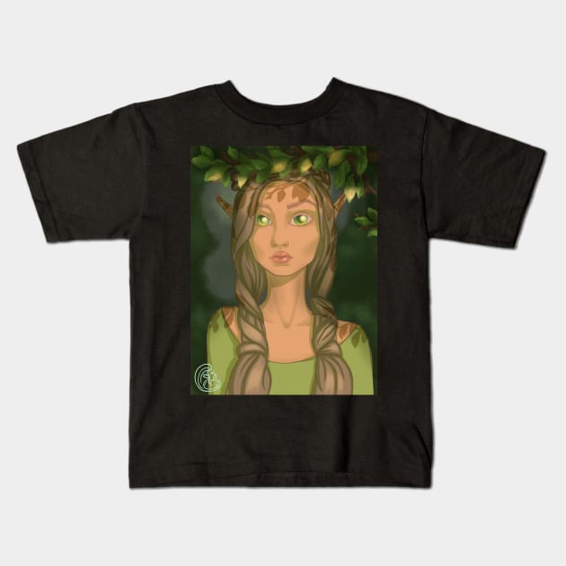 Forest nymph. Beautiful elf with big green eyes, anime art Kids T-Shirt by h0lera